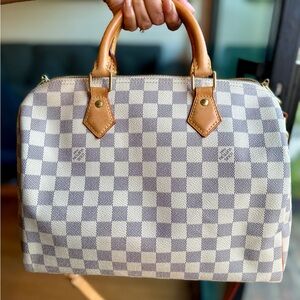 Checkered Handbag with Tan Handles